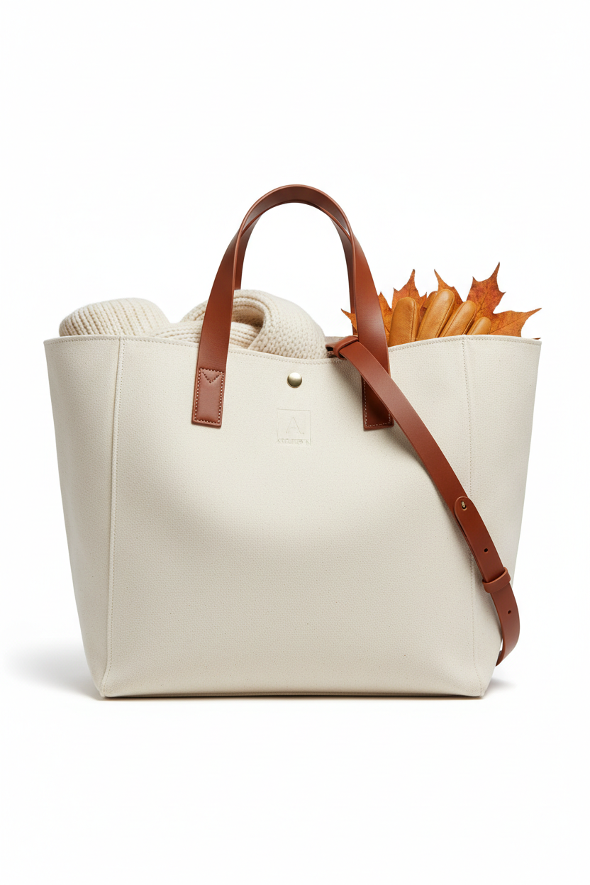 Sac cabas toile écru anses cuir rentrée